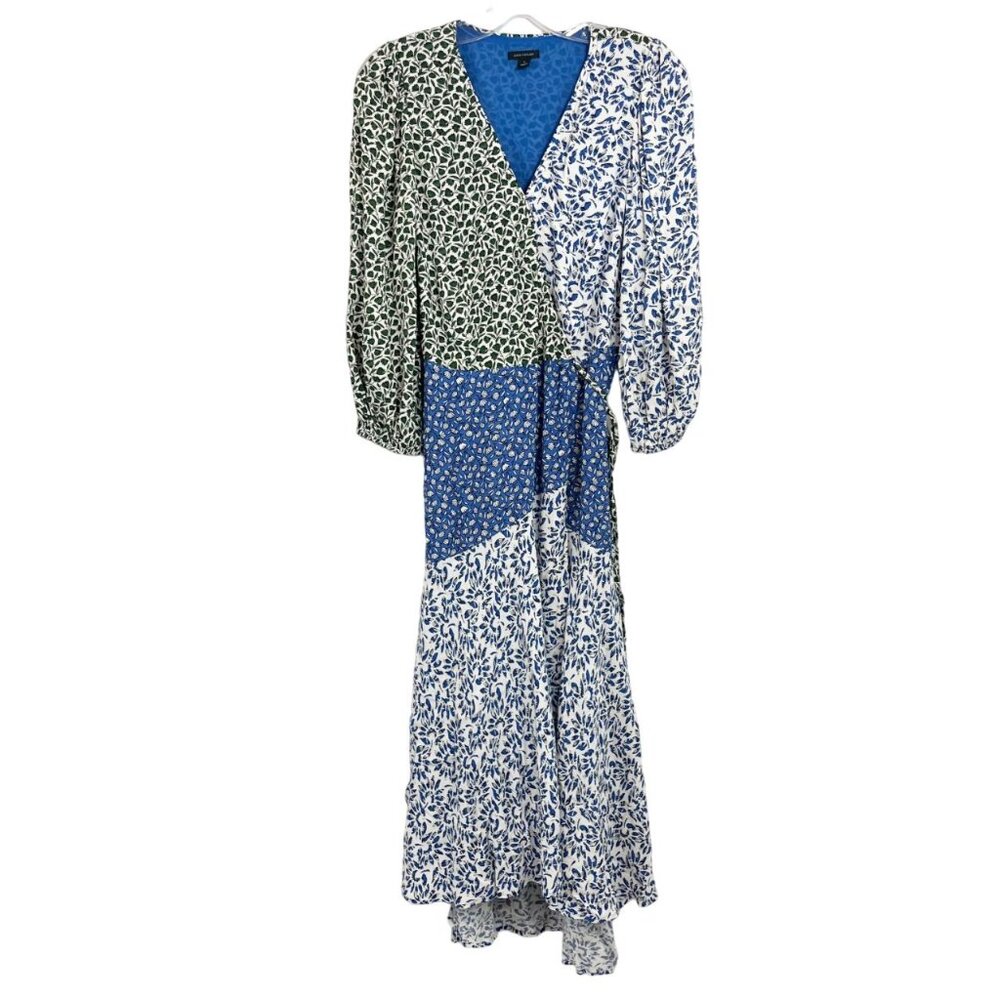 Ann Taylor Floral Print Long Sleeve High Low Midi Wrap Dress White Blue Size‎ 0